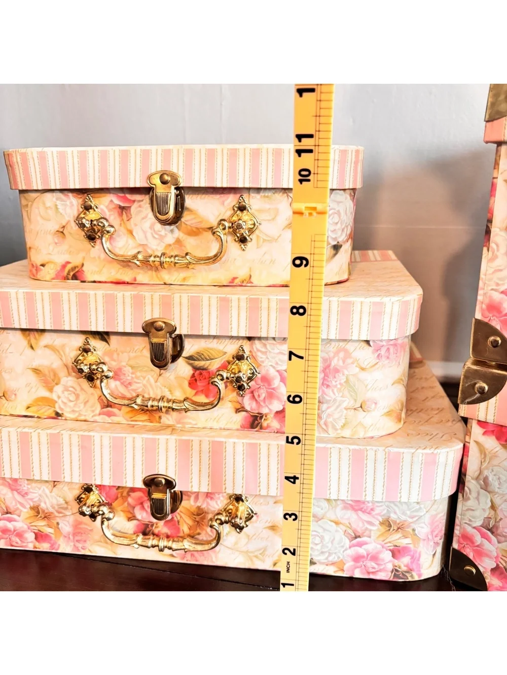 Set of 5 Decorative Floral Storage Boxes with Vintage Style Handles and StripedL